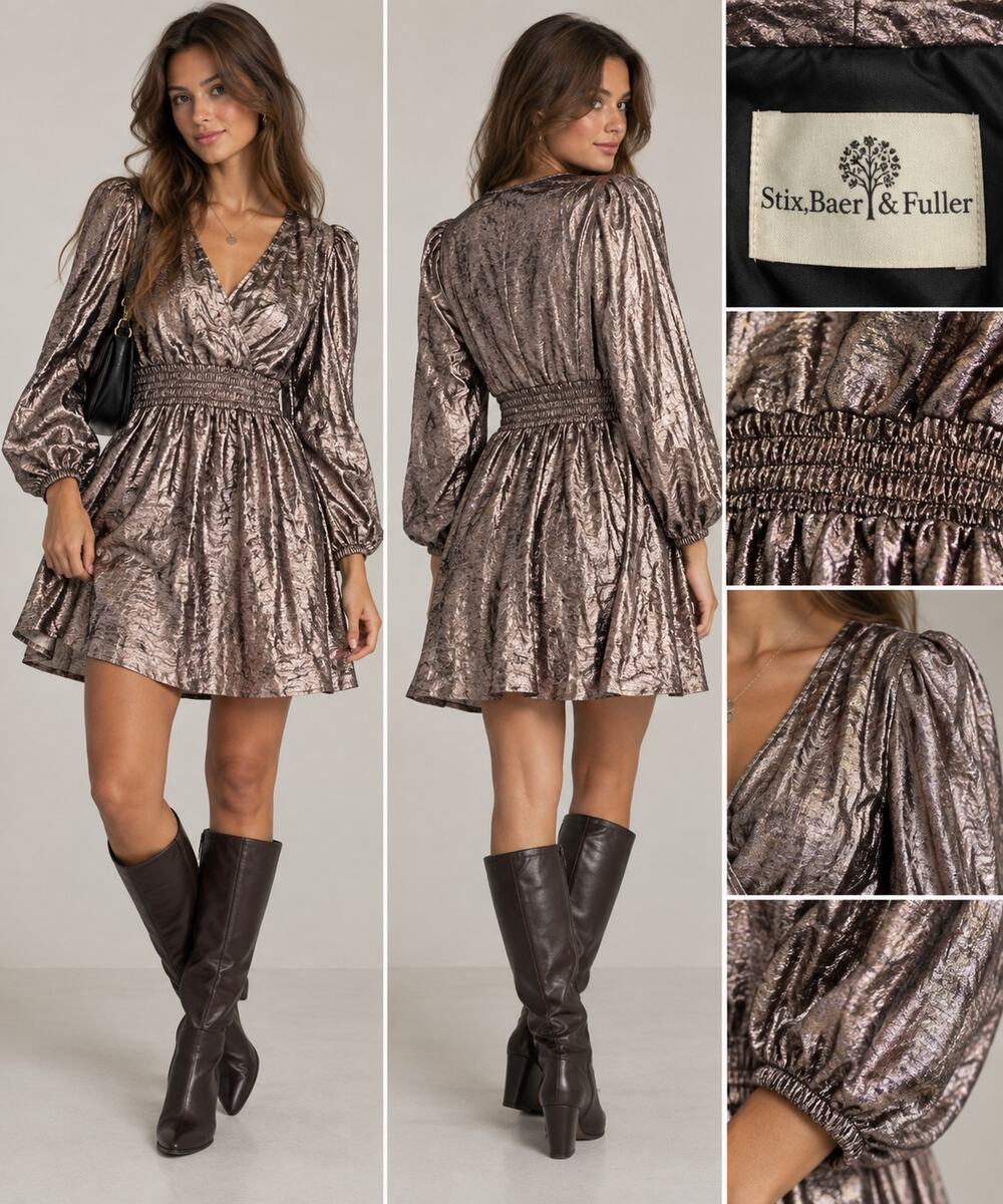 Lane Bryant Metallic Bronze Dress 34/36 Plus Smocked Waist Puff Sleeve Party